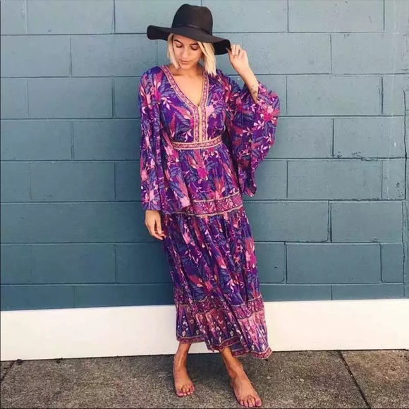 Boho Floral Print Gypsy Maxi Dress Purple Paisley - Picture 12 of 13